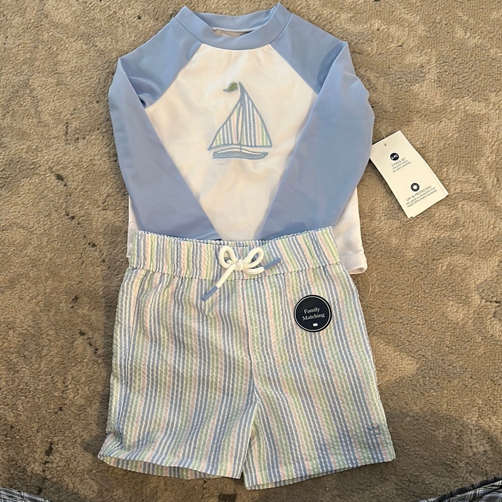 Crown & Ivy Blue and White Rashguard Swim Set